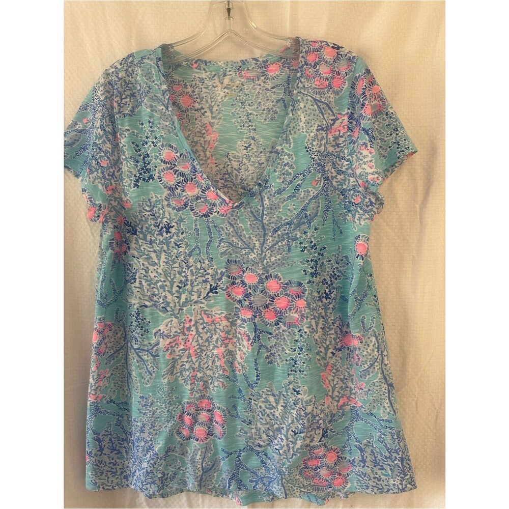 Lilly Pulitzer Medium Etta V-Neck Slub Tee Blue Ibiza